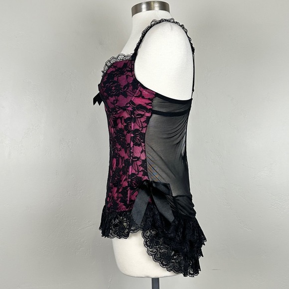 Corset Women L Whimisigoth Romantic Coquette‎ Floral Lace Bow Ruffle Top Boning - Picture 3 of 10